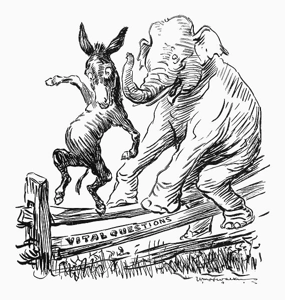 POLITICAL PARTIES CARTOON. The Democratic and Republican parties (symbolized, respectively