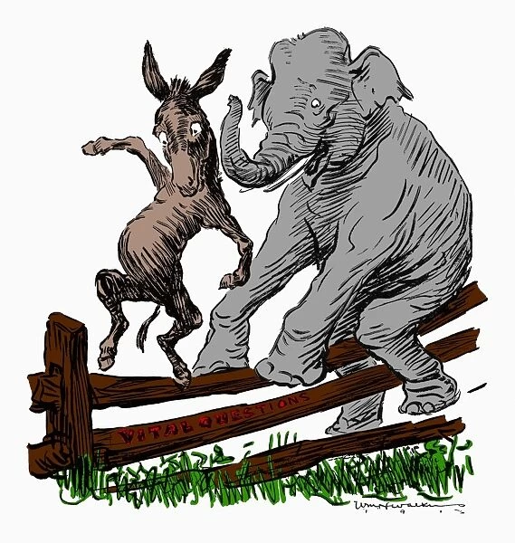 POLITICAL PARTIES CARTOON. The Democratic and Republican parties (symbolized, respectively