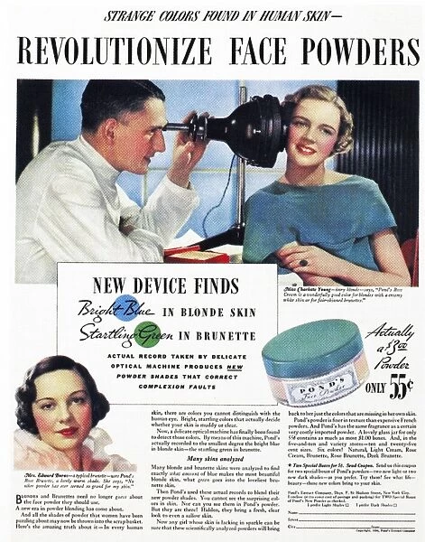 PONDs FACE POWDER, 1934. American advertisement of 1934 for Ponds Face Powder