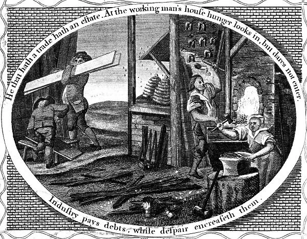 POOR RICHARD ILLUSTRATED. Panel from an engraving, c1800, for Benjamin Franklins publication, with the motto He that hath a trade hath an estate