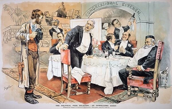 POPULIST MOVEMENT. American cartoon by C. Jay Taylor, 1888, of the unprotected farmer as The Political Poor Relation, unwelcome at the table of protected monopolists