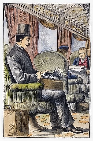 PORTABLE TYPEWRITER, 1889. A man using a Victor portable typewriter while riding in a railroad car. Wood engraving, American, 1889
