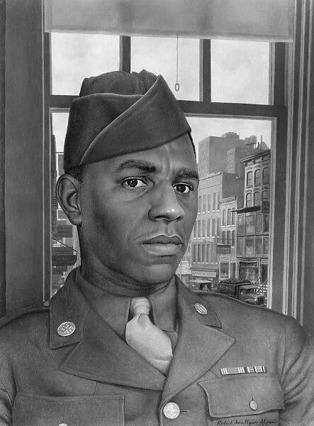 Portrait of an African American soldier during World War II. Painting by Robert S. Sloan, 1945