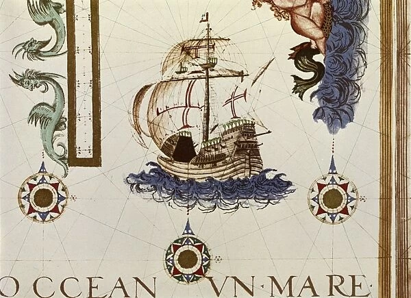 PORTUGUESE CARAVEL. A Portuguese caravel ship. Detail of a map, 15th-17th century