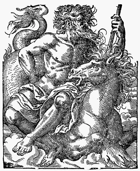 POSEIDON  /  NEPTUNE. Poseidon on a seahorse. Woodcut, 1599, by Jost Amman