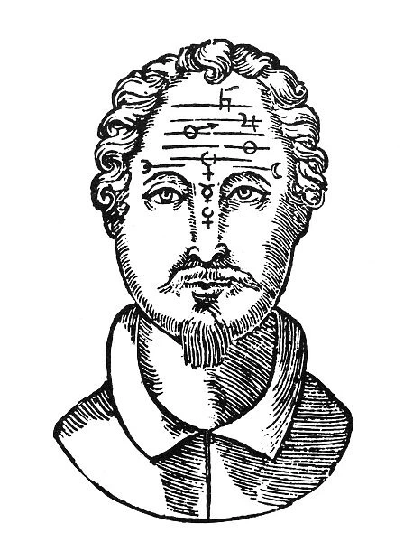 The position of the planets on the human forehead. Woodcut from Ciro Spontonis Metoposcopia, Venice, Italy, 1637
