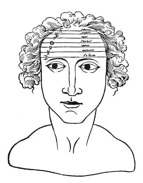 The position of the planets on the human forehead. Woodcut from Jerome Cardans Metoposcopia, Paris, France, 1658