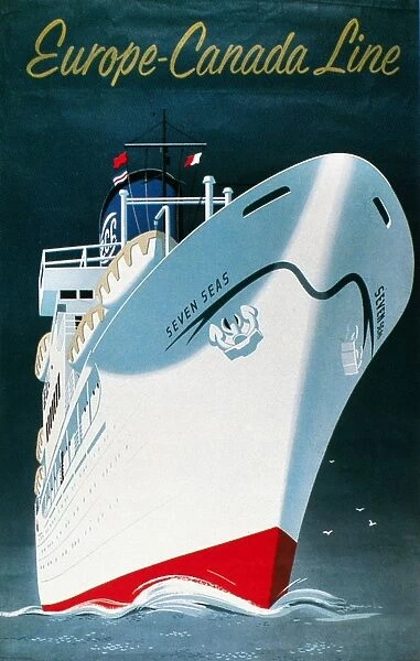 Poster, c1953, for Europe-Canada Line, featuring ms Seven Seas