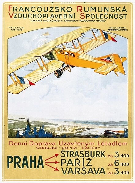 Poster for the Franco-Roumaine passenger airline which flew between Eastern Europe and France, depicting a Potez VII biplane, 1922