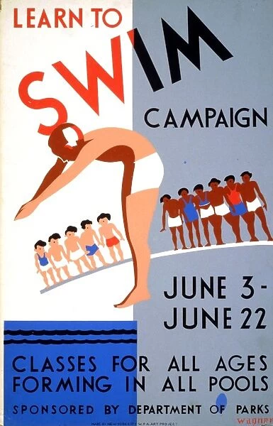 POSTER: SWIMMING, c1938. Poster for swimming lessons offered by the New York City