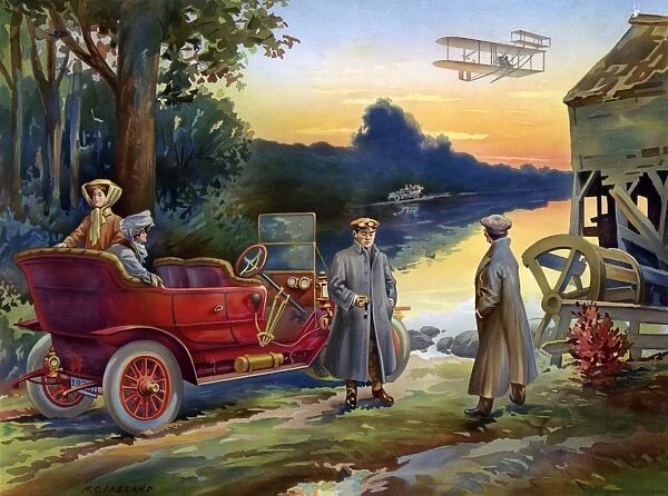 POSTER: TRANSPORTATION. Illustration showing automobiles, a biplane, and an old mill