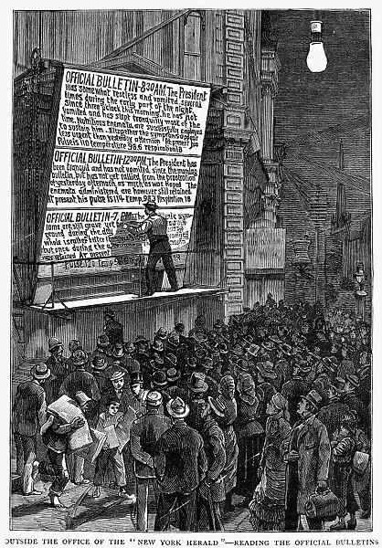 Posting the bulletins about the assassination of President James A. Garfield outside the offices of the New York Herald on 2 July 1881. Wood engraving from an English newspaper of 1881
