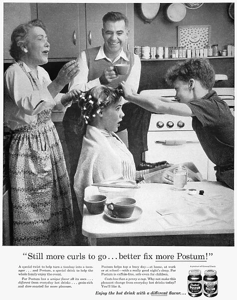 POSTUM ADVERTISEMENT, 1957. Still more curls to go... better fix more Postum! : advertisement for Instant Postum, from an American magazine