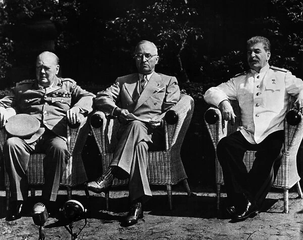 POTSDAM CONFERENCE, 1945. Allied leaders at the Potsdam Conference in Germany, July 1945. From left: British Prime Minister Winston Churchill, U. S. President Harry Truman, and Soviet Premier Joseph Stalin
