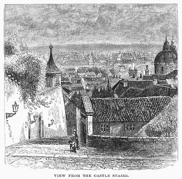 PRAGUE: CASTLE STAIRS. View of Prague from the castle stairs. Line engraving, 19th century