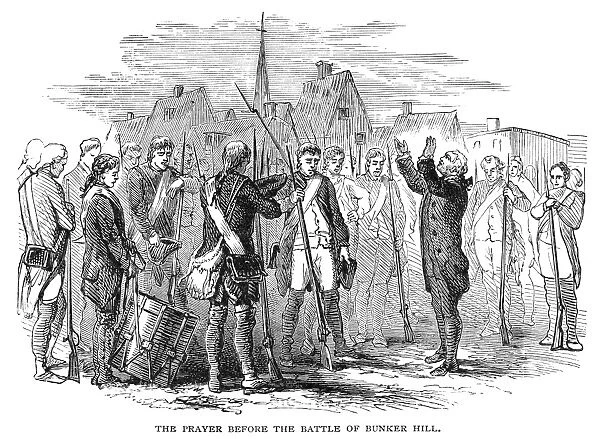 The prayer before the Battle of Bunker Hill. Wood engraving, 19th century