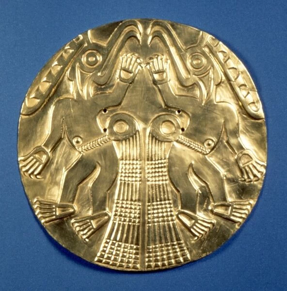 PRE-COLUMBIAN GOLD, 1000 AD. Gold plaque with repousee decoration, from Panama, c1000 A. D