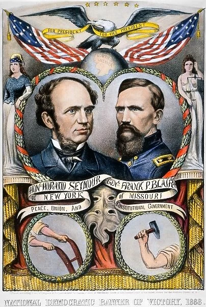 PRES. CAMPAIGN: 1868. Horatio Seymour and Francis Preston Blair, Jr, as the Democratic party candidates for president and vice president of the United States on a lithograph campaign poster of 1868 by Currier & Ives