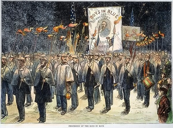 PRES. CAMPAIGN, 1876 Civil War Veterans carrying the torch for Rutherford B. Hayes in Brooklyn, New York, during the presidential campaign of 1876: wood engraving from a contemporary American newspaper