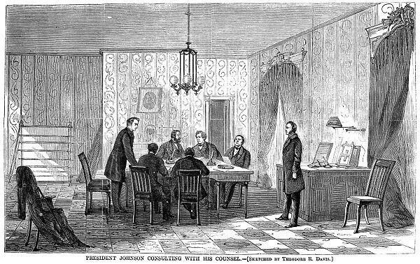 President Andrew Johnson consulting with his counsel. Wood engraving from an American newspaper of 1868