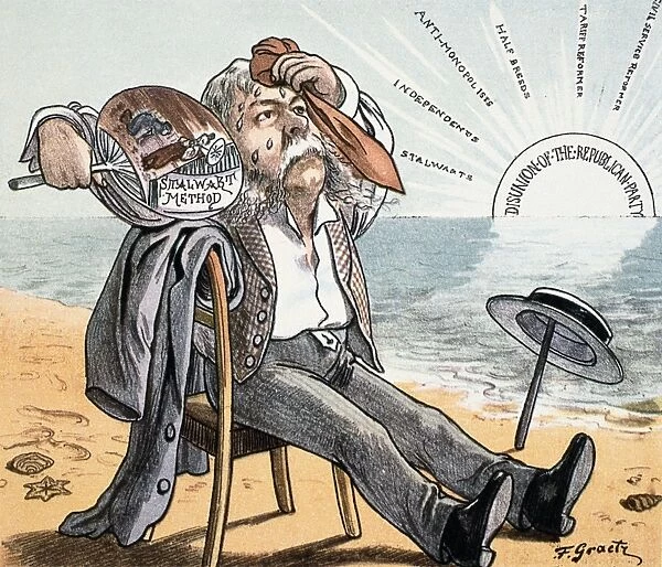 President Chester A. Arthur suffers from dealing with the feuding factions of the Republican party. Cartoon, c1884
