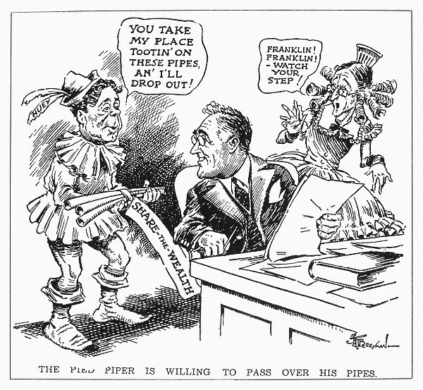 President Franklin D. Roosevelt displaying some interest in adopting the Share the Wealth (i. e. soak the rich) programs of Senator Huey P. Long, costumed here as the Pied Piper. Cartoon by James T. Berryman, 1934