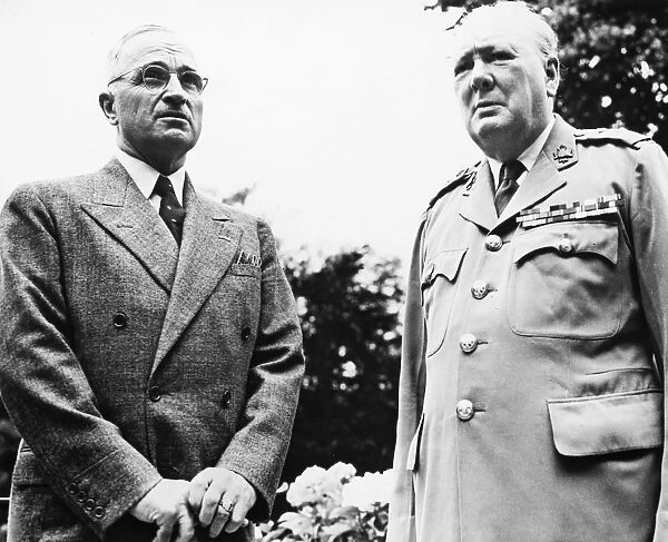 President Harry S. Truman of the United States and Prime Minister Winston Churchill of Great Britain in a somber mood shortly before a lunch given in Trumans honor at Churchills temporary home in Berlin, Germany, during the Potsdam Conference, 25 July 1945