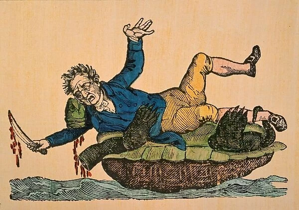 President James Madison severs the head of the terrapin representing Ograbme, the embargo of 1811, in an American cartoon from the New York Evening Post, 1814