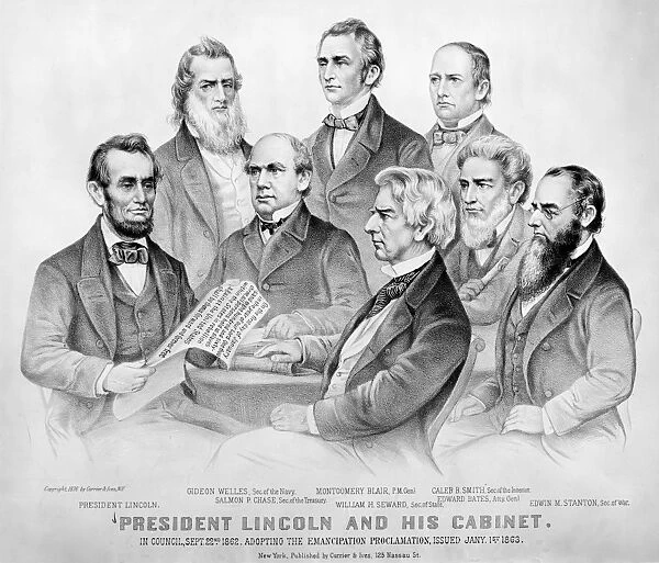 President Lincoln and his Cabinet in council, 22 September 1862. Adopting the Emancipation Proclamation, issued 1 January 1863. Lithograph by Currier & Ives, 1876