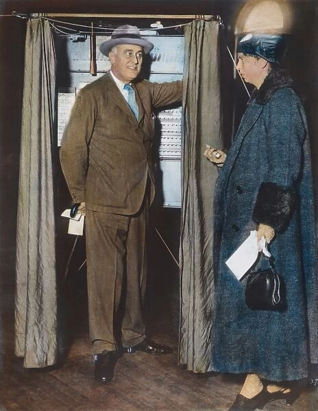 President and Mrs. Franklin Delano Roosevelt voting at Hyde Park, New York, n. d