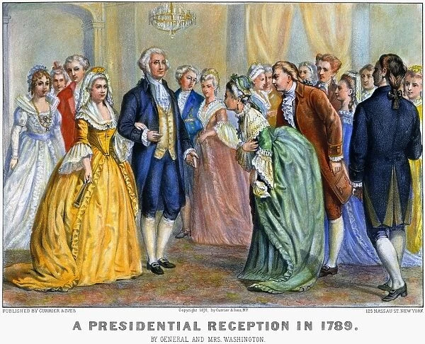 President and Mrs. Washington at a presidential reception in 1789. Lithograph, 1876 by Currier & Ives