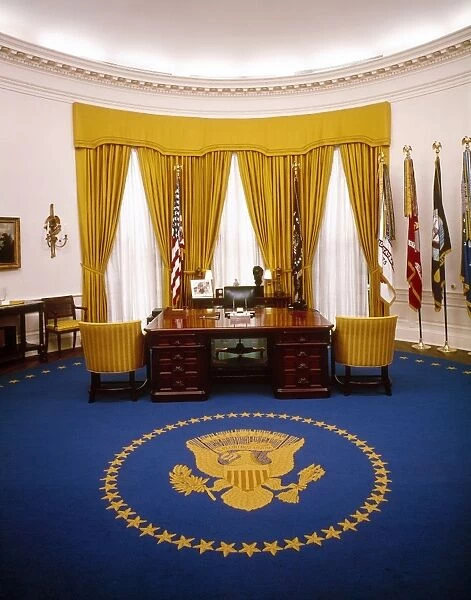 President Richard Nixons desk in the Oval Office at the White House. Photograph, c1970