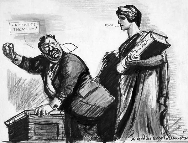 Former president Theodore Roosevelt pounds his fist on a podium and shouts Suppress Them! while the personification of History, standing behind him, calls him a fool. American cartoon by Boardman Robinson, c1916