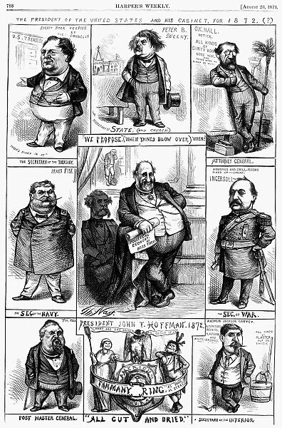 The President of the United States and his Cabinet, for 1872. (?) Cartoon by Thomas Nast from an American newspaper of August 1871, placing members of the Tweed Ring in cabinet posts as a possible outcome of the November election