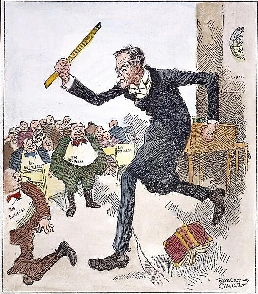 President Woodrow Wilson, a former professor, going after big business with a ruler rather than with the Big Stick of former president Theodore Roosevelt. American cartoon, c1913-14, by Robert Carter