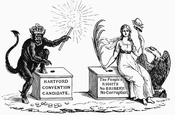 PRESIDENTIAL CAMPAIGN, 1816. Democratic-Republican campaign poster of 1816, identifying the Federalist Party, depicted as a pro-British devil, with the Hartford Convention of 1814