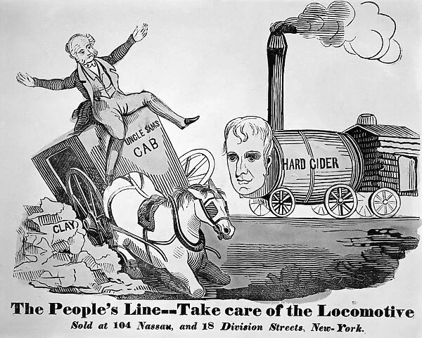 PRESIDENTIAL CAMPAIGN, 1840. A 1840 campaign cartoon showing a locomotive with William Henry Harrisons head bearing down on Martin van Buren, whose cab has broken down over (Henry) Clay rocks