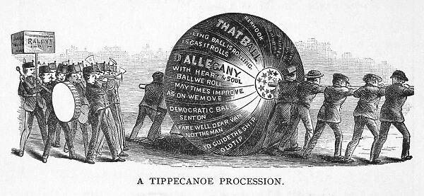 PRESIDENTIAL CAMPAIGN, 1840. Wood engraving depicting William Henry Harrisons Whig followers rolling a paper ball from city to city and on to Washington D. C