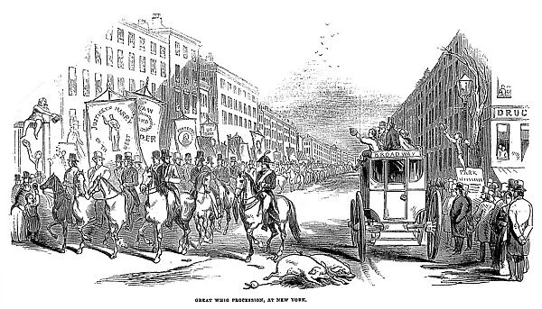 PRESIDENTIAL CAMPAIGN, 1844. Whig party procession through New York, celebrating electoral victories there and at Boston, Massachusetts which were the highwater mark of the nativist Know-Nothing movement. Wood engraving from a contemporary English newspaper, 1844