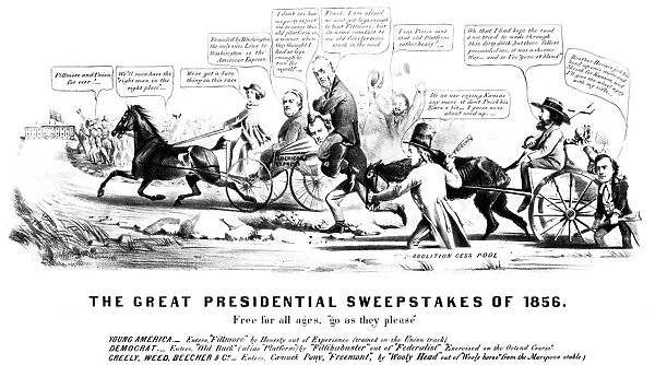 PRESIDENTIAL CAMPAIGN, 1856. American cartoon by Nathaniel Currier showing the nag-drawn carriage of Republican candidate John C. Fremont and his wife, Jessie Benton Fremont, outpaced by the America Express carrying Know-Nothing candidate Millard Fillmore