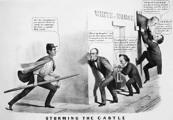 PRESIDENTIAL CAMPAIGN, 1860. An 1860 cartoon indicative of Republican success, showing John Bell warning Stephen Douglas of Abraham Lincolns approach while James Buchanan tries, without success, to help John C. Breckinridge enter the White house