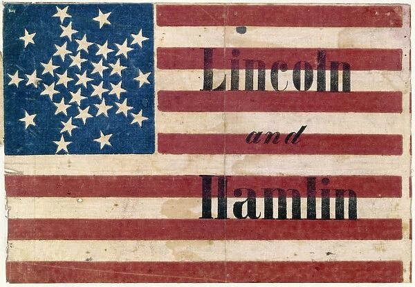 PRESIDENTIAL CAMPAIGN, 1860. Abraham Lincoln as the Republican party candidate for President and Hannibal Hamlin as Vice President in 1860 on an American flag banner