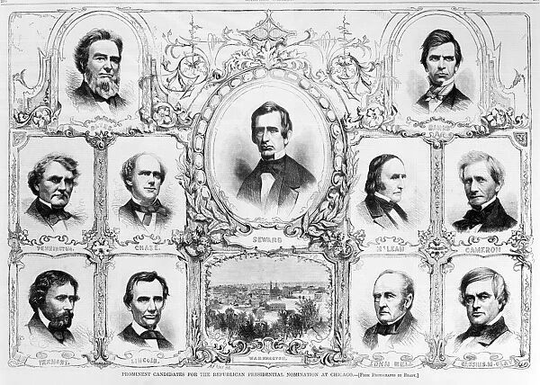 PRESIDENTIAL CAMPAIGN, 1860. Prominent Candidates for the Republican Presidential Nomination at Chicago, 1860. Contemporary wood engraving from Harpers Weekly