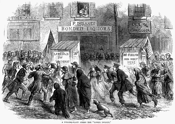 PRESIDENTIAL CAMPAIGN, 1864. Outside a polling place in a slum district (Five Points) of New York on Election Day, 8 November. Wood engraving from a contemporary English newspaper