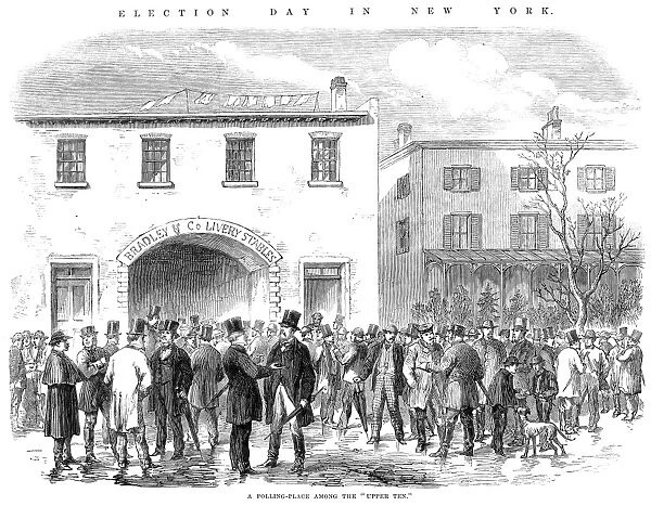 PRESIDENTIAL CAMPAIGN, 1864. Outside a polling place in a fashionable quarter of New York on Election Day, 8 Novmber 1864. Wood engraving from a contemporary English newspaper