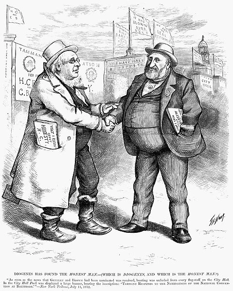 PRESIDENTIAL CAMPAIGN 1872. Cartoon by Thomas Nast showing Horace Greeley, left, and Boss Tweed, the discredited Tammany leader, warmly greeting each other after Greeleys nomination for presidency by the Liberal Republicans