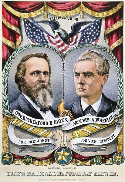 PRESIDENTIAL CAMPAIGN, 1876. Grand National Republican Banner. Rutherford B. Hayes and William A. Wheeler as the 1876 Republican candidates for President and Vice President on a lithograph campaign poster by Currier & Ives, 1876