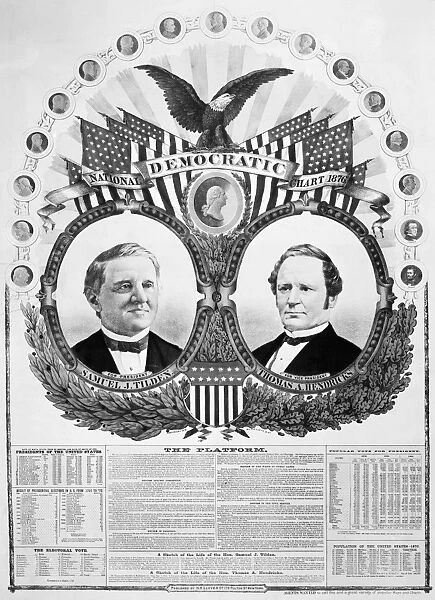 PRESIDENTIAL CAMPAIGN, 1876. Samuel L. Tilden and Thomas A. Hendricks as the Democratic candidates for President and Vice President. Lithograph campaign poster, 1876