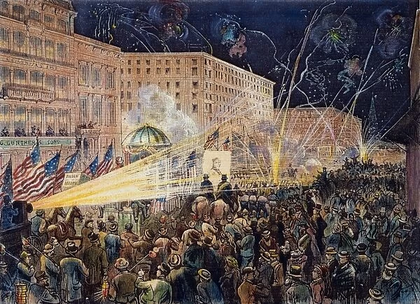 PRESIDENTIAL CAMPAIGN: 1876 A torchlight procession on behalf of Democratic candidates Tilden and Hendricks passing up Fifth Avenue in New York City on 26 October 1876. Contemporary color engraving