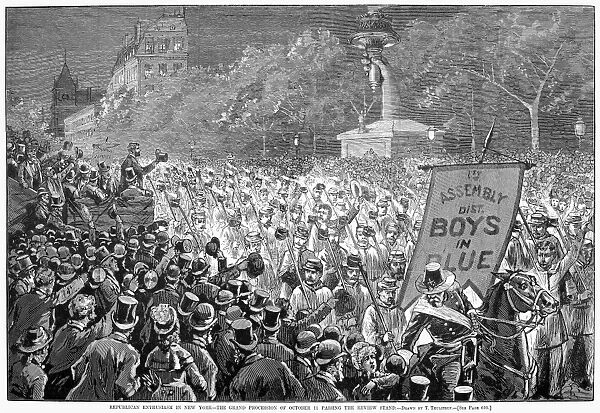PRESIDENTIAL CAMPAIGN, 1880. The grand Republican party procession passing the review stand, opposite the hand of the Statue of Liberty in New York, 11 October 1880. Wood engraving after Thure Thulstrup from a contemporary American newspaper